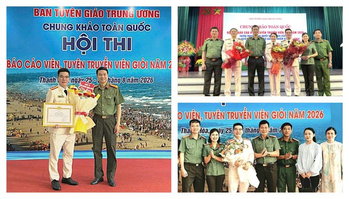 Thiếu tá, nhà báo Nguyễn Công Triện đón nhận nhiều lẵng hoa chúc mừng của lãnh đạo và đồng nghiệp sau mỗi vòng thi.
