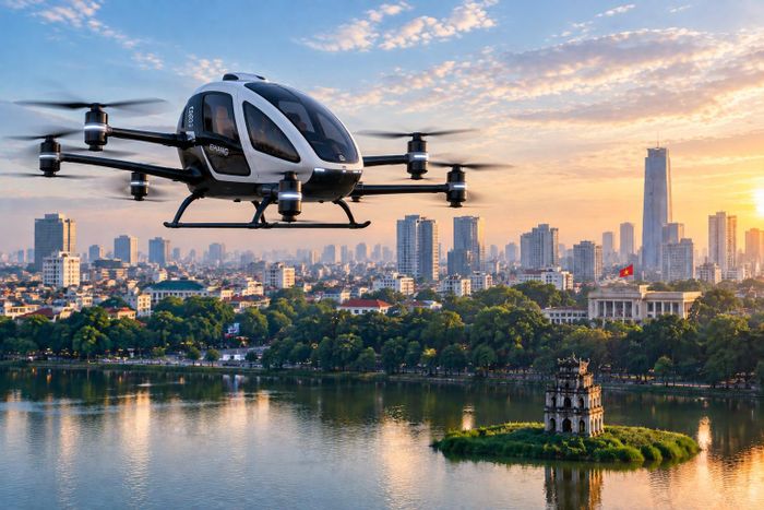 Hà Nội đề xuất thử nghiệm có kiểm soát mô hình vận tải hành khách, hàng hóa tự hành bằng phương tiện bay EHang. (Ảnh: AI)