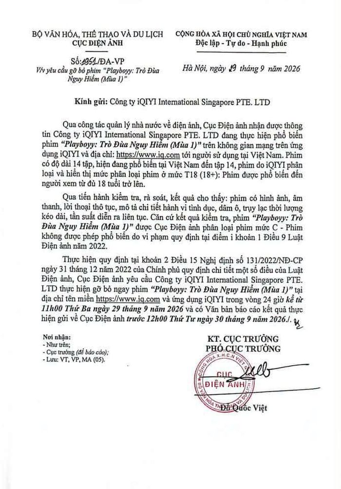 Cục Điện ảnh (Bộ Văn hóa, Thể thao và Du lịch) ban hành Văn bản số 1951/ĐA-VP, yêu cầu Công ty iQIYI International Singapore PTE. LTD gỡ bỏ bộ phim “Playboyy: Trò đùa nguy hiểm” (mùa 1) khỏi các nền tảng trực tuyến tại Việt Nam trong vòng 24 giờ.