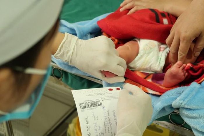 Nhân viên y tế lấy máu gót chân cho trẻ sơ sinh để thực hiện sàng lọc, phát hiện sớm một số bệnh bẩm sinh. Ảnh: V. Đồng.