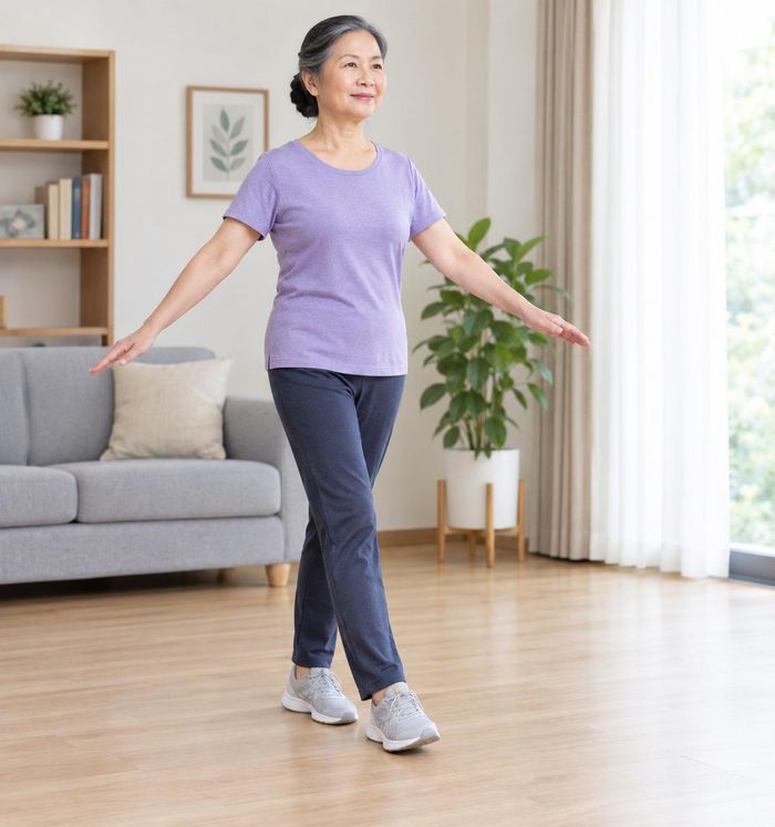 Đi nối gót để rèn khả năng giữ thăng bằng ở người cao tuổi. Ảnh: AI.