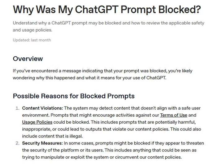 Phần giải thích trên trang trợ giúp của OpenAI về lý do một prompt cho ChatGPT có thể bị chặn. (Ảnh chụp màn hình).