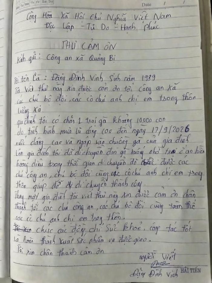 Thư cảm ơn của công dân Đặng Đình Vinh