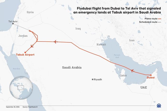 Đồ họa mô tả vụ máy bay Flydubai từ Dubai đi Tel Aviv phát tín hiệu khẩn cấp và hạ cánh xuống sân bay Tabuk, Saudi Arabia ngày 30/9/2026. Ảnh: AA Graphics.