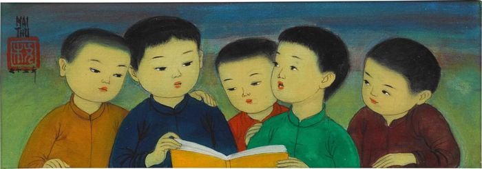  Tranh lụa Quatre garçons, lecture (Bốn cậu bé đang đọc sách) của họa sĩ Mai Trung Thứ. Ảnh: Sotheby's. 