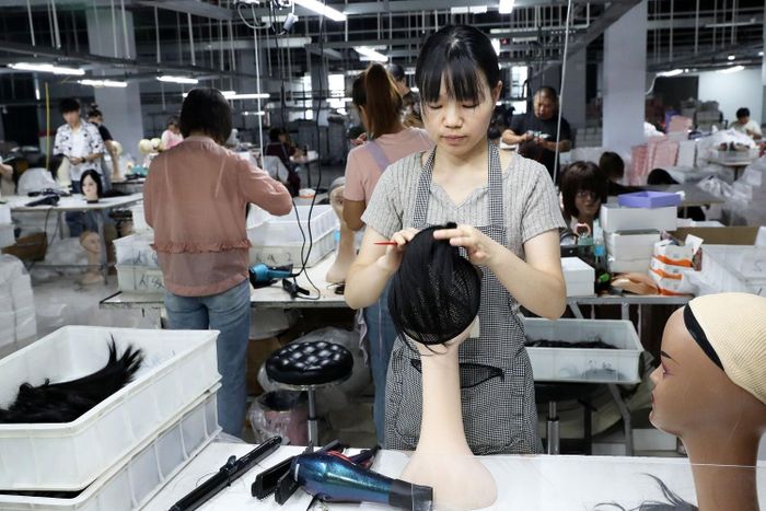 Các công nhân tạo kiểu tóc giả tại một nhà máy ở Hứa Xương, tỉnh Hà Nam. Ảnh: VCG.