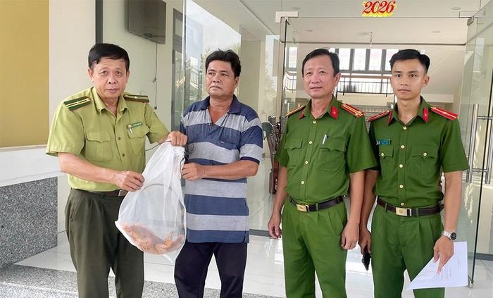 Người dân giao nộp cá thể Rồng Nam Mỹ cho Công an xã Thoại Sơn