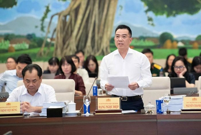 Thứ trưởng Bộ Nông nghiệp và Môi trường Đặng Ngọc Điệp trình bày báo cáo tóm tắt dự án Luật Đất đai (sửa đổi)