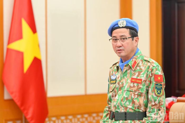 Thiếu tướng Phạm Mạnh Thắng, Cục trưởng Cục Gìn giữ hòa bình Việt Nam phát biểu tại buổi lễ. (Ảnh: THẾ ĐẠI)
