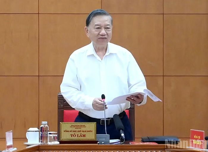 Tổng Bí thư, Chủ tịch nước Tô Lâm phát biểu chỉ đạo tại cuộc làm việc với Ban Tuyên giáo Trung ương. (Ảnh: ĐĂNG KHOA)