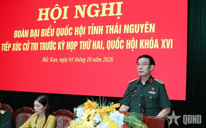 Đại tướng Phan Văn Giang phát biểu tại hội nghị tiếp xúc cử tri tỉnh Thái Nguyên. 