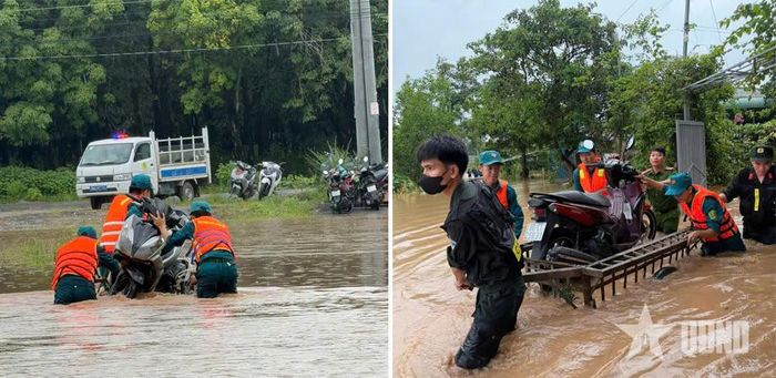 Dân quân phường Long Thành phối hợp với các lực lượng di chuyển phương tiện khỏi vùng ngập lụt.