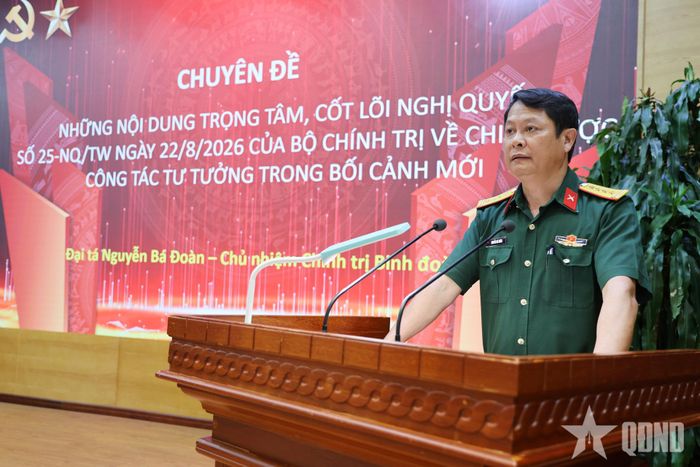 Đại tá Nguyễn Bá Đoàn, Chủ nhiệm Chính trị Binh đoàn 12 quán triệt Nghị quyết số 25-NQ/TW ngày 22-8-2026 về “Chiến lược công tác tư tưởng trong bối cảnh mới”.