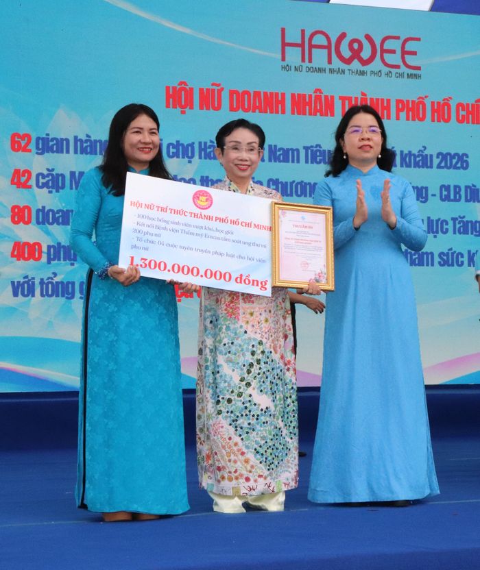  Các đơn vị hỗ trợ chăm lo phụ nữ khó khăn. Ảnh: THÁI PHƯƠNG 