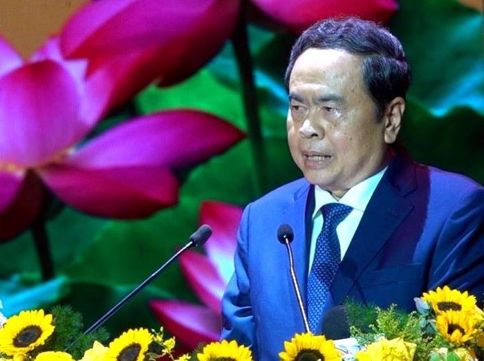  Chủ tịch Quốc hội Trần Thanh Mẫn phát biểu tại Lễ kỷ niệm 150 năm Ngày sinh cụ Huỳnh Thúc Kháng. Ảnh: XUÂN QUỲNH 
