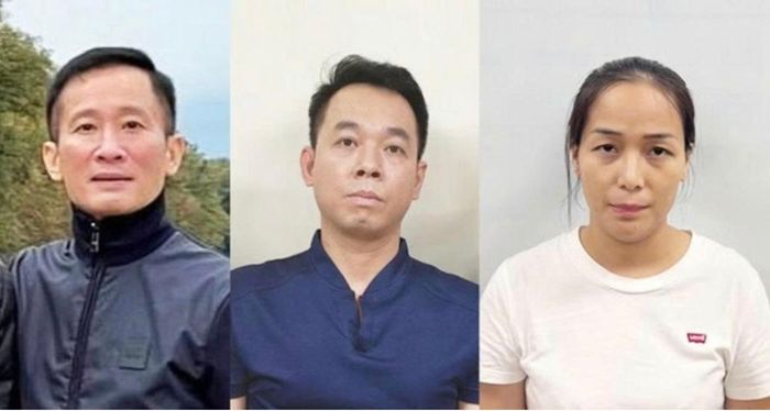  Từ trái sang các bị can, gồm: Bùi Chân Phương, Hà Văn Nam và Trần Thị Hồng Hạnh. Ảnh: BỘ CÔNG AN 