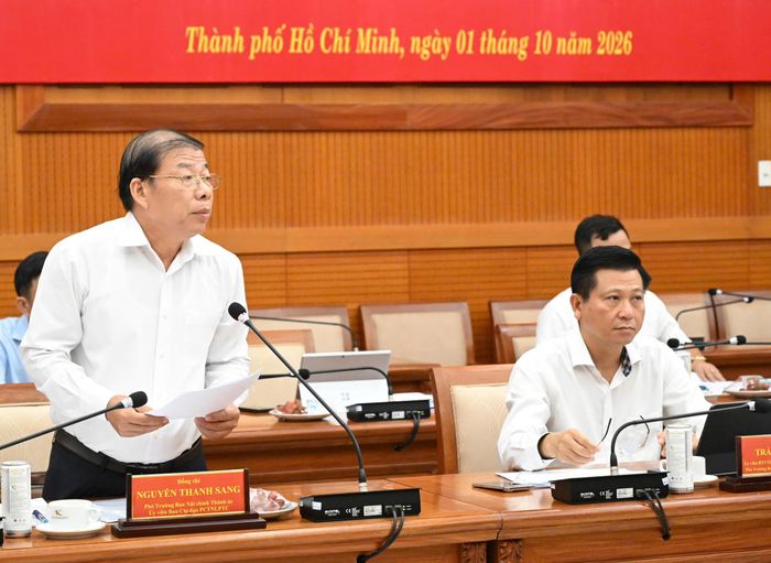 Phó Trưởng Ban Nội chính Thành ủy TPHCM Nguyễn Thanh Sang báo cáo tại phiên họp. Ảnh: VIỆT DŨNG