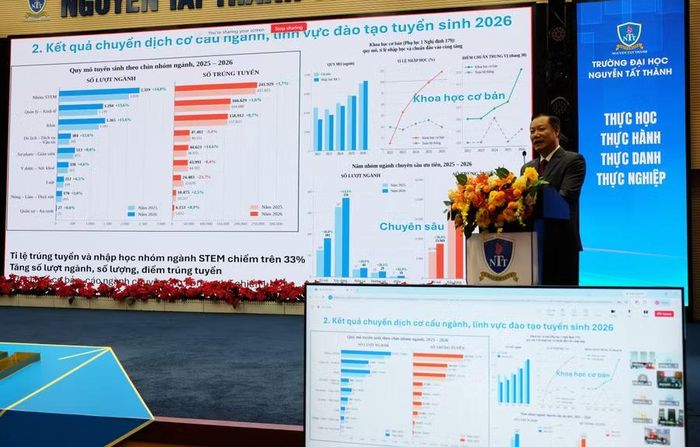 Ông Nguyễn Tiến Thảo trình bày báo cáo kết quả năm học 2025-2026 của khối giáo dục đại học. Ảnh: M.Tùng.