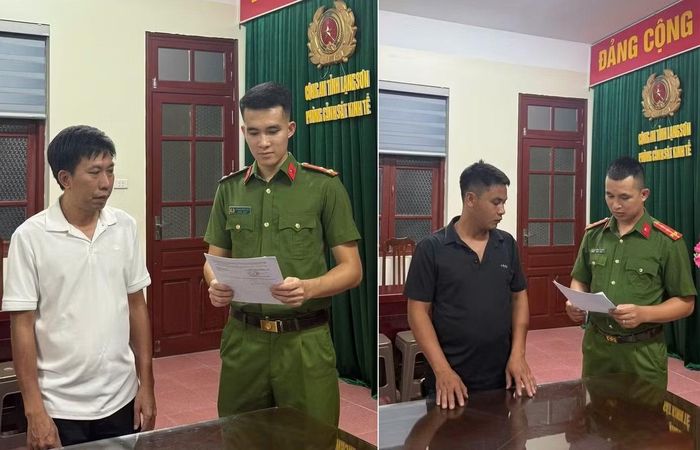 Công an tỉnh Lạng Sơn đọc lệnh bắt đối với Nguyễn Phục Hậu (trái) và Trần Văn Cường (phải) về hành vi Gây ô nhiễm môi trường.