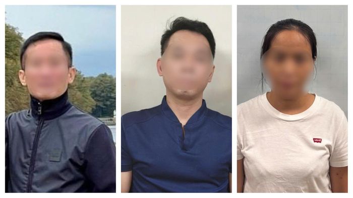 Các bị can Bùi Chân Phương, Hà Văn Nam, Trần Thị Hồng Hạnh (từ trái qua).