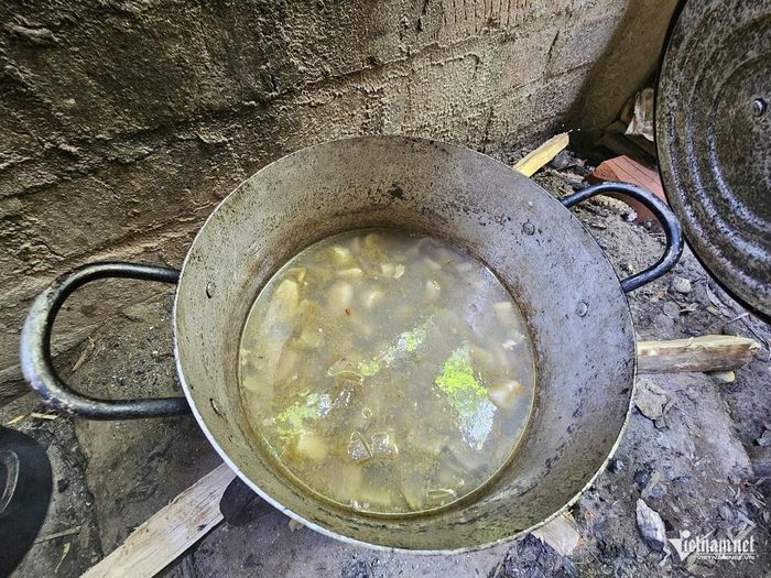 Bữa trưa của gia đình ông Thiết chỉ có nồi canh chuối xanh nấu ruốc. Ảnh: Hải Sâm