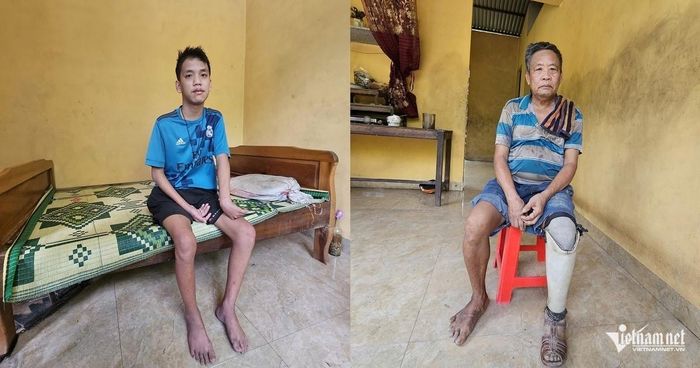 Lợi liệt nửa người, khả năng nói bị hạn chế, ông Thiết phải cắt chân trái vì đi làm ruộng giẫm phải đinh sắt. Ảnh: Hải Sâm