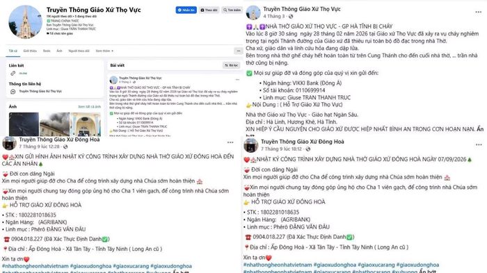 Các đối tượng lập các Fanpage giả mạo, sử dụng thông tin của linh mục để kêu gọi. Ảnh: CACC