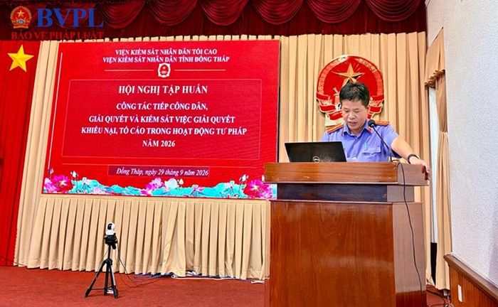 Đồng chí Nguyễn Quốc Thái - Chánh Thanh tra VKSND tỉnh Đồng Tháp phát biểu khai mạc hội nghị.