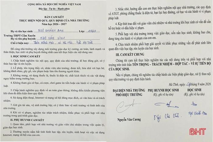 Bản cam kết giữa nhà trường, phụ huynh và học sinh về việc thực hiện nội quy, quy định của Trường THPT Cẩm Xuyên năm học 2026-2027, trong đó có nội dung về phòng, chống thuốc lá.