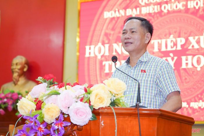 Đại biểu Trần Đình Gia - Phó Trưởng đoàn chuyên trách Đoàn ĐBQH tỉnh phát biểu tại hội nghị tiếp xúc cử tri.