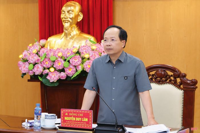 Đồng chí Nguyễn Duy Lâm - Ủy viên Trung ương Đảng, Bí thư Tỉnh ủy, Trưởng đoàn ĐBQH tỉnh phát biểu chỉ đạo tại cuộc họp.
