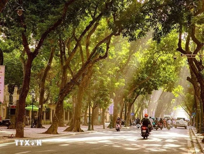 Thành phố Hà Nội ngày nắng nóng, chiều tối và đêm có mưa rào và dông vài nơi. Gió Đông Nam đến Nam cấp 2-3. Nhiệt độ thấp nhất 26-28 độ C. Nhiệt độ cao nhất 34-36 độ C. (Ảnh: Khánh Hòa/TTXVN)