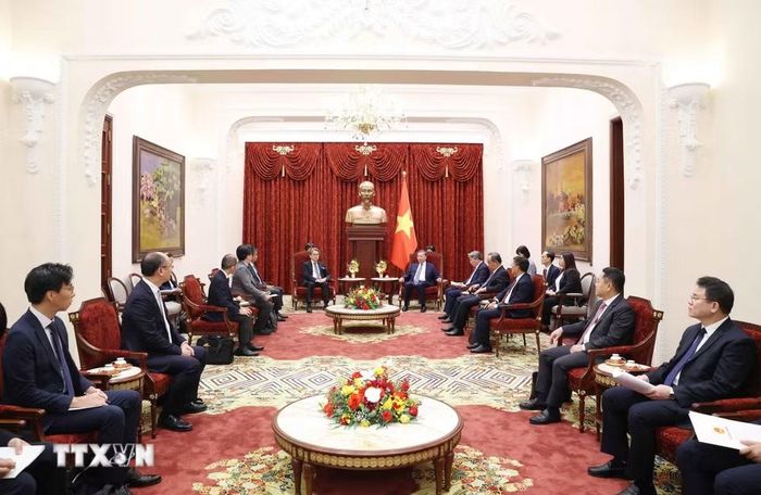 Tổng Bí thư, Chủ tịch nước Tô Lâm tiếp ông Maeda Tadashi, Chủ tịch Hội đồng quản trị Ngân hàng Hợp tác Quốc tế Nhật Bản (JBIC). (Ảnh: Thống Nhất/TTXVN)