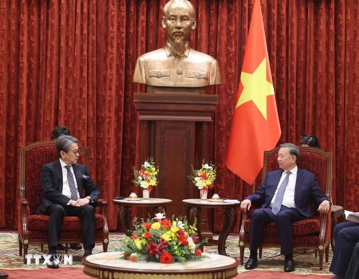 Tổng Bí thư, Chủ tịch nước Tô Lâm tiếp ông Maeda Tadashi, Chủ tịch Hội đồng quản trị Ngân hàng Hợp tác Quốc tế Nhật Bản (JBIC). (Ảnh: Thống Nhất/TTXVN)