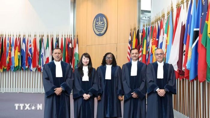 Thẩm phán Nguyễn Thị Lan Anh cùng bốn Thẩm phán của Ghana, Brazil, Tunisia và Ấn Độ cùng nhậm chức ngày 1/10. (Ảnh: Thu Hằng/TTXVN)