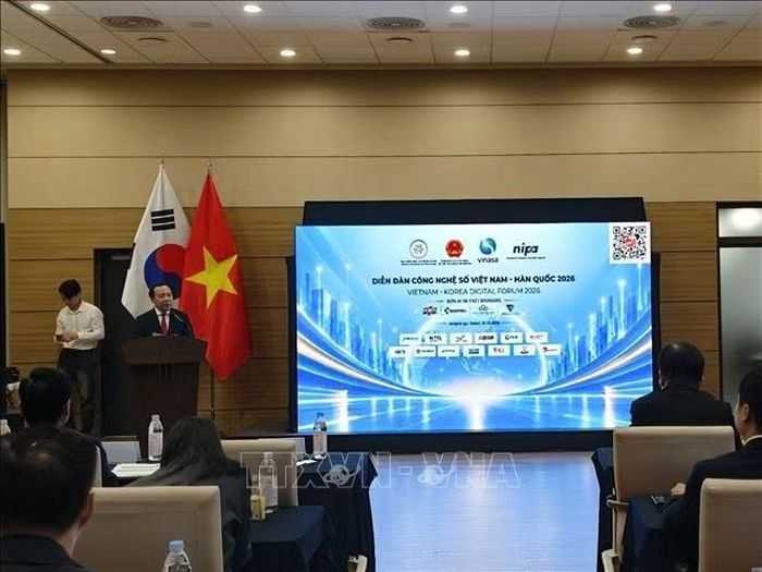 Bộ trưởng Bộ Khoa học và Công nghệ Vũ Hải Quân phát biểu tại Diễn đàn công nghệ số Việt Nam - Hàn Quốc 2026. Ảnh: Đào Lâm /PV TTXVN tại Hàn Quốc