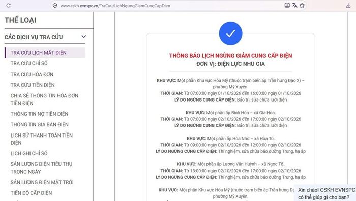 Lịch ngừng cấp điện tại Cần Thơ ngày mai 2/10 được cập nhật lúc 09h16 ngày 1/10 trên website của EVNSPC. Ảnh: BNEWS phát