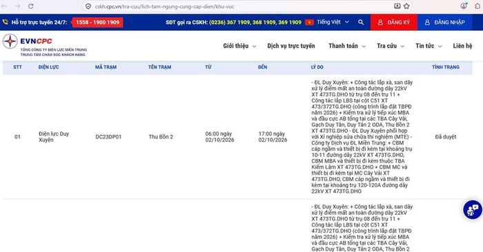 Lịch tạm ngừng cung cấp điện Đà Nẵng ngày mai 2/10 cập nhật trên website của Điện lực miền Trung lúc 09h ngày 1/10. Ảnh: BNEWS