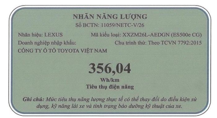 Thông tin về mức tiêu thụ năng lượng của Lexus ES500e. 