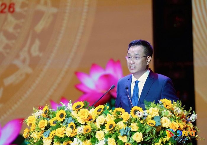 Bí thư Thành ủy Lê Ngọc Quang đọc diễn văn tại lễ kỷ niệm. Ảnh: T. CÔNG - T. HUY