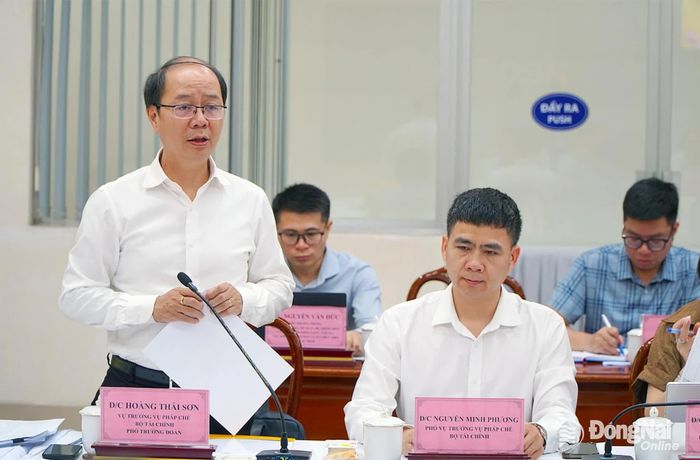 Vụ trưởng Vụ Pháp chế Hoàng Thái Sơn, Phó Trưởng đoàn phát biểu tại buổi làm việc. Ảnh: An Nhơn