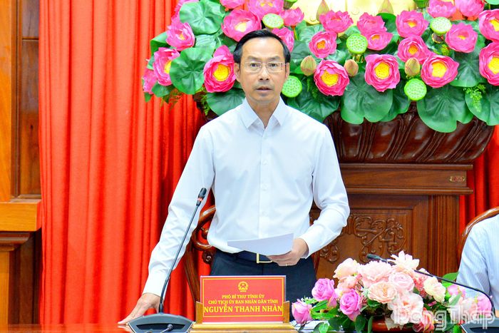 Đồng chí Nguyễn Thanh Nhàn, Phó Bí thư Tỉnh ủy, Chủ tịch UBND tỉnh Đồng Tháp phát biểu tại điểm cầu tỉnh Đồng Tháp.