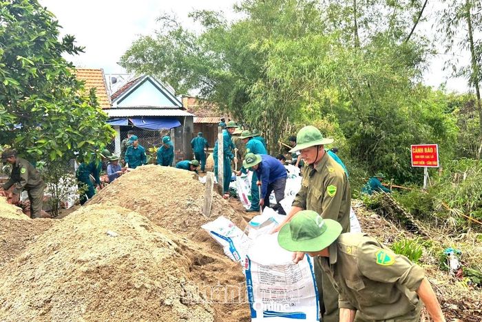 Các lực lượng được huy động để gia cố các điểm xung yếu sông Tân Tâm.