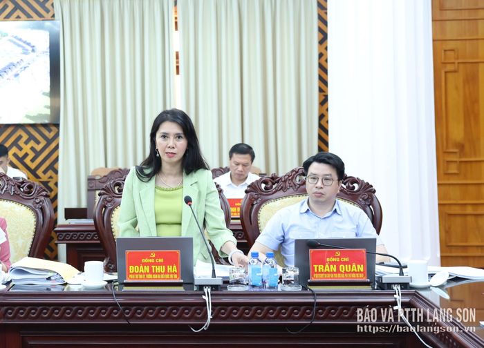 Đồng chí Đoàn Thu Hà, Phó Bí thư Tỉnh ủy, Trưởng Đoàn đại biểu Quốc hội tỉnh phát biểu tại hội nghị