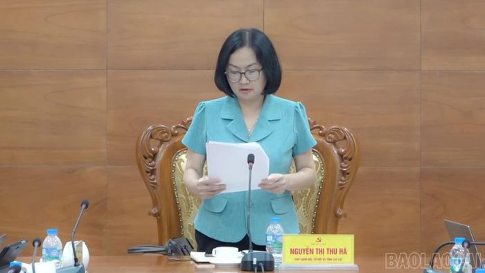 Đồng chí Nguyễn Thị Thu Hà - Phó Giám đốc Sở Nội vụ tỉnh Lào Cai, Trưởng đoàn kiểm tra phát biểu tại buổi làm việc.
