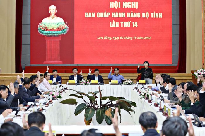 Các đại biểu Ban Chấp hành Đảng bộ tỉnh Lâm Đồng biểu quyết thông qua các Tờ trình, Dự thảo Nghị quyết tại Hội nghị