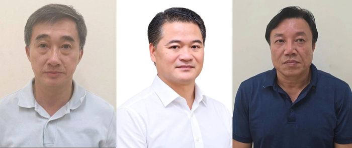 Các bị can từ trái qua: Trần Văn Thuấn, Lê Đình Thanh Sơn, Nguyễn Huy Ngọc.