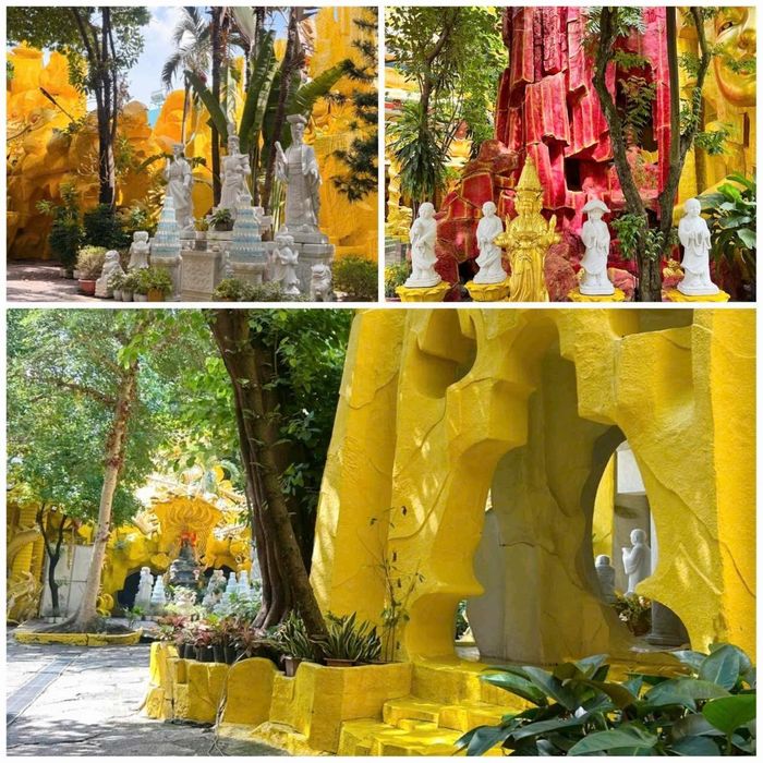 Những khối đá và hang động được tạo dựng liên hoàn, gợi dáng dấp một vùng sơn thủy thu nhỏ trong khuôn viên Chùa Kỳ Quang 2. Ảnh: Đức Linh