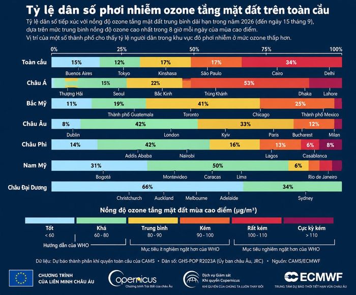 Tỷ lệ dân số phơi nhiễm ozone tầng mặt đất toàn cầu. (Nguồn: ECMWF)
