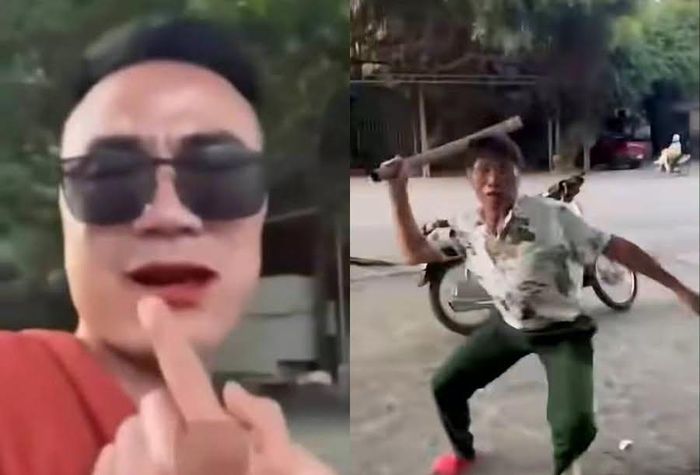 Hình ảnh người đàn ông lớn tuổi cầm vật có hình dáng giống điếu cày đuổi theo nam thanh niên sau khi bị kích động.